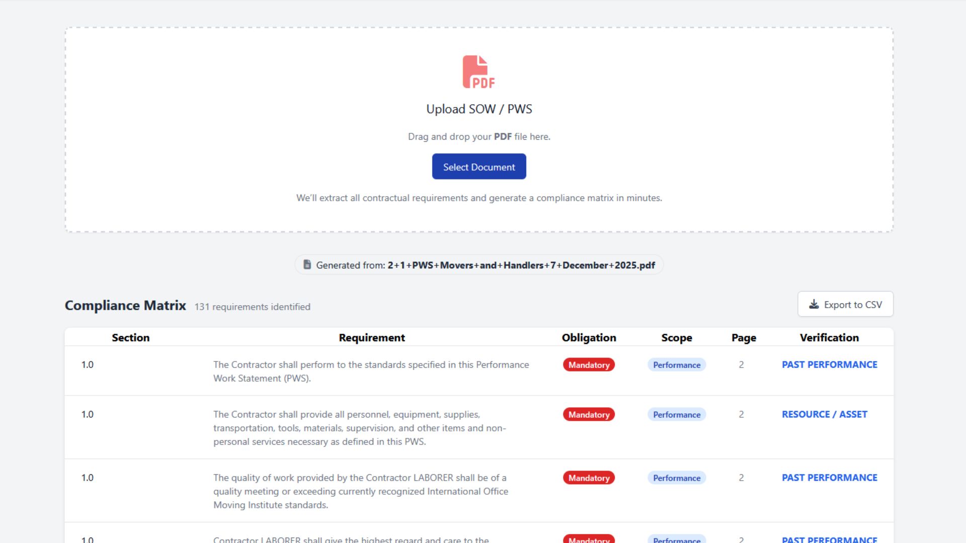 Screenshot of compliance table with export button